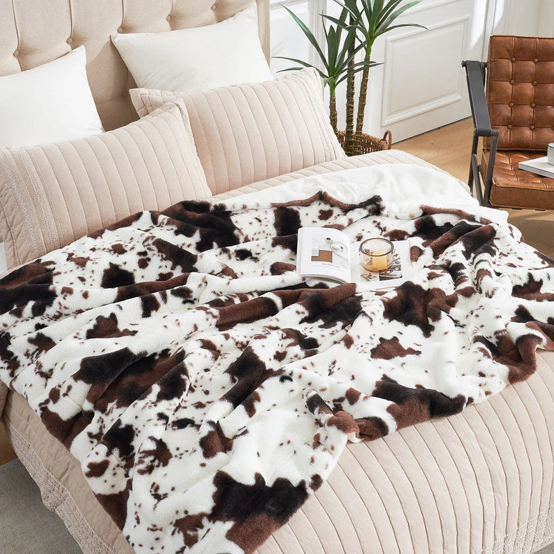 Cow Print Faux Fur Throw Blanket